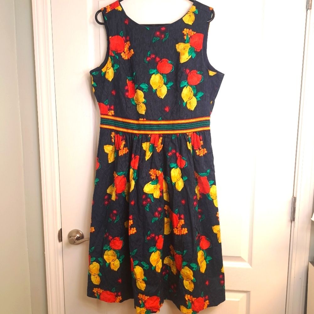 Eva Mendes Navy Blue Lemons and Fruit Fit & Flare Dress